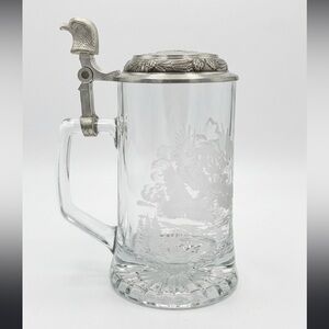 Vintage Domex Clear Glass etched eagle Beer Stein Mug / Tankard pewter lid